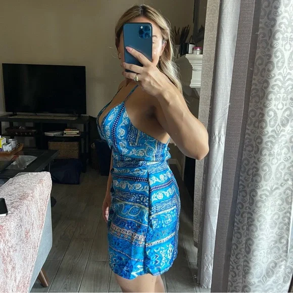 Zara | NWT! Blue Floral Paisley Satin Effect Mini Dress Size: Medium - Picture 3 of 9